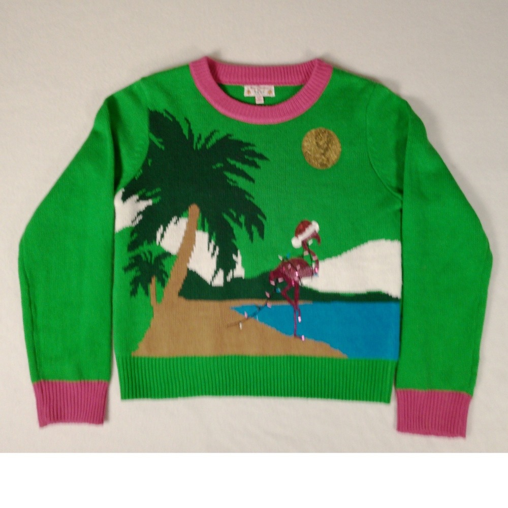 Poof New York Womens Green Flamingo Tropical Ugly Christmas Sweater Size M - Picture 1 of 9